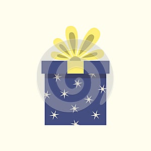 Gift box icon with ribbon and bow. Present package for Christmas or Birthday celebration. Design element for surprise, party